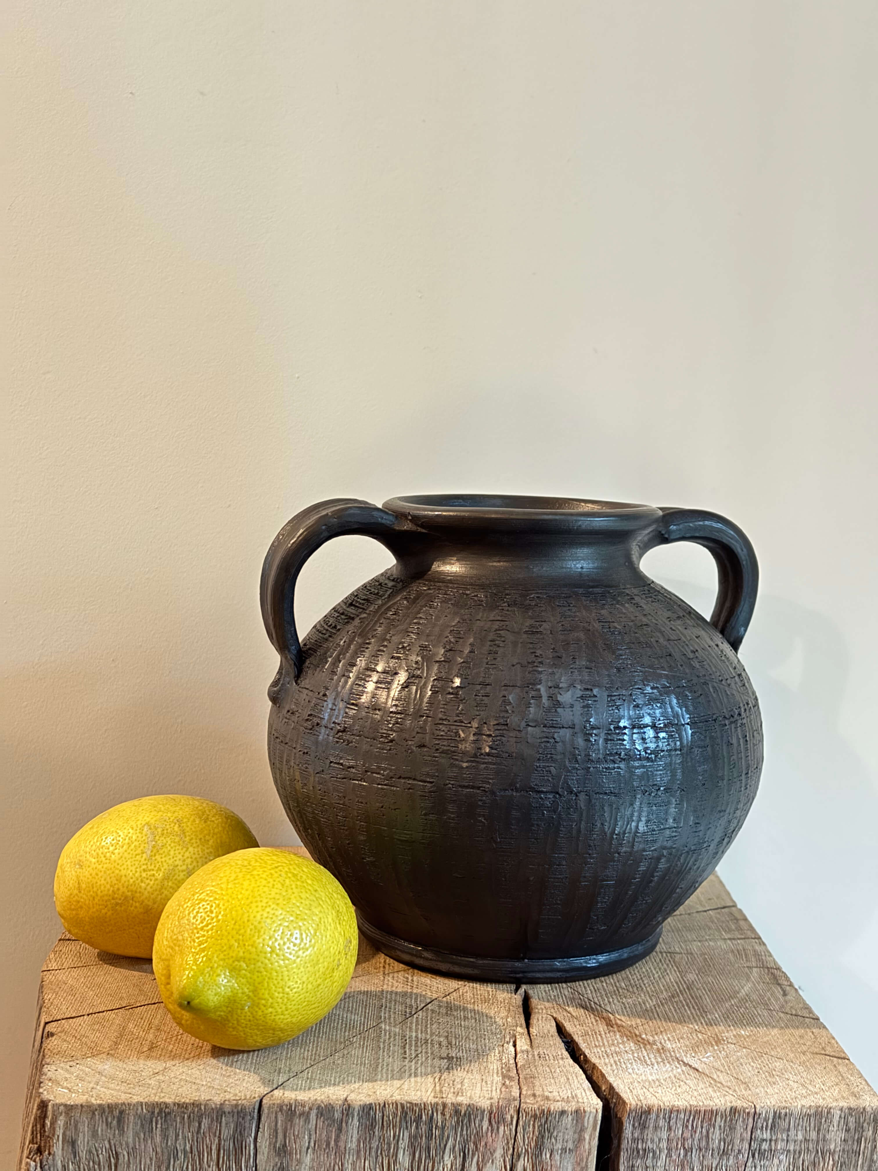 Black Textured Clay Vase with Handles