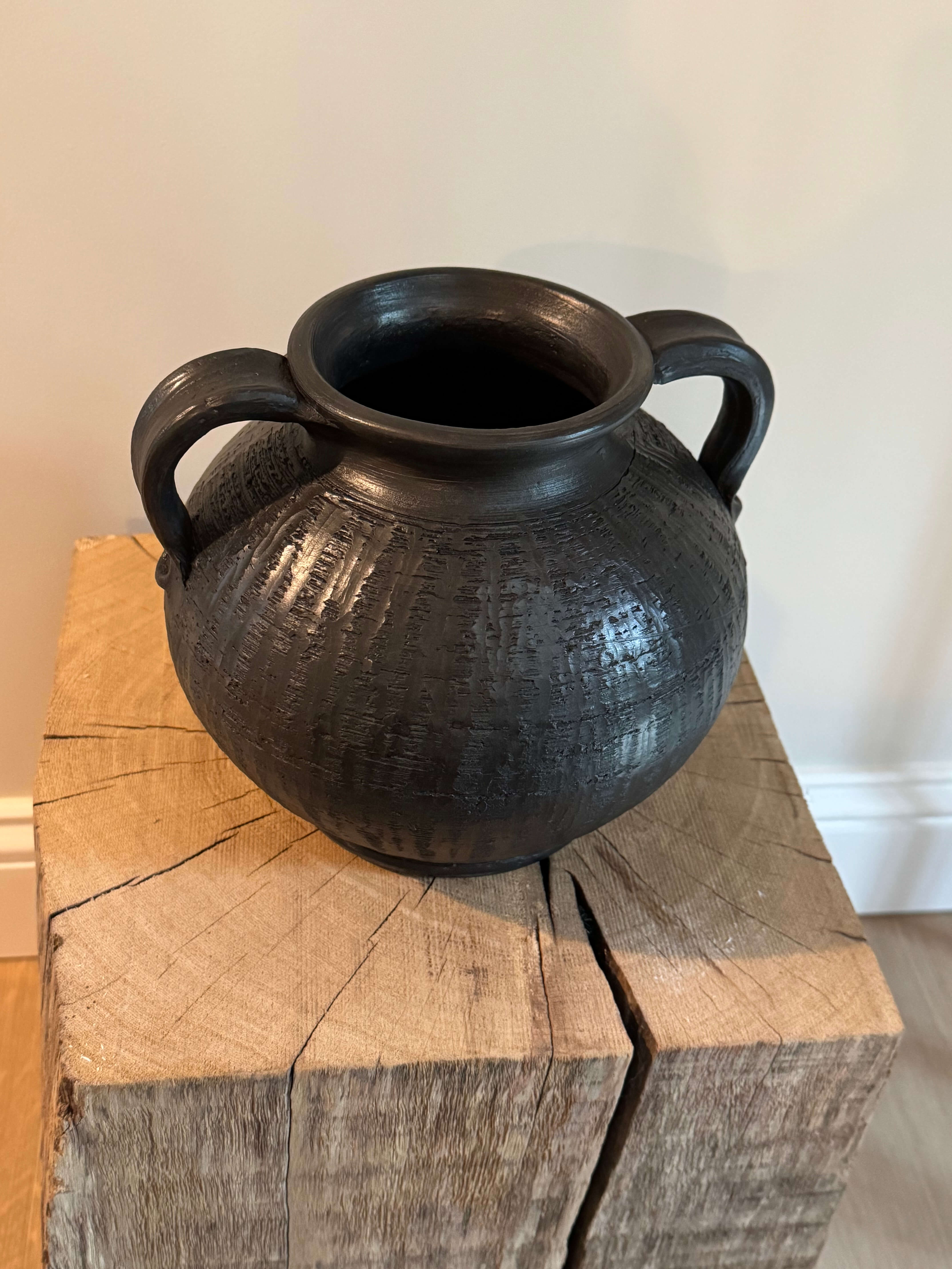 Black Textured Clay Vase with Handles