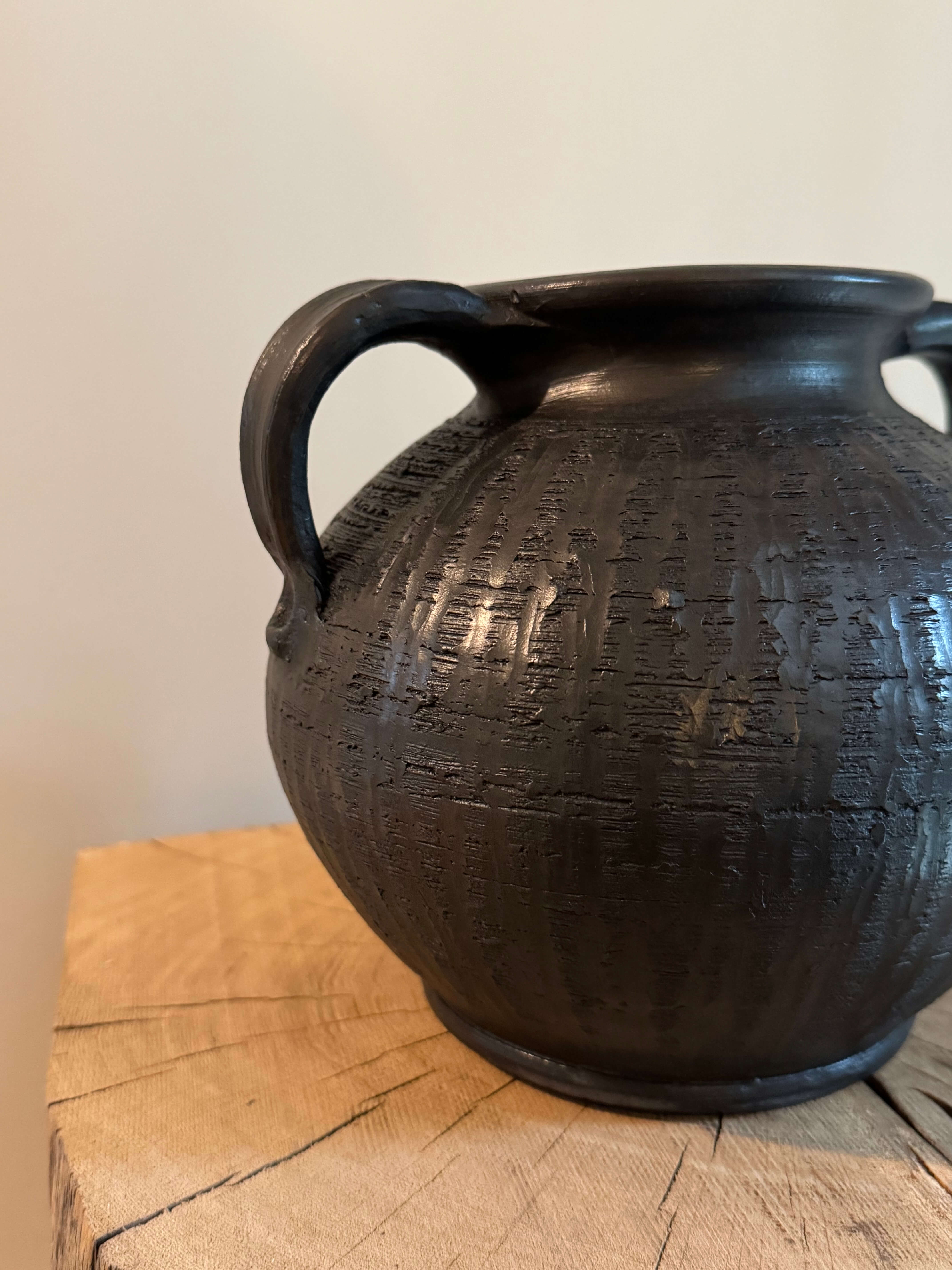 Black Textured Clay Vase with Handles