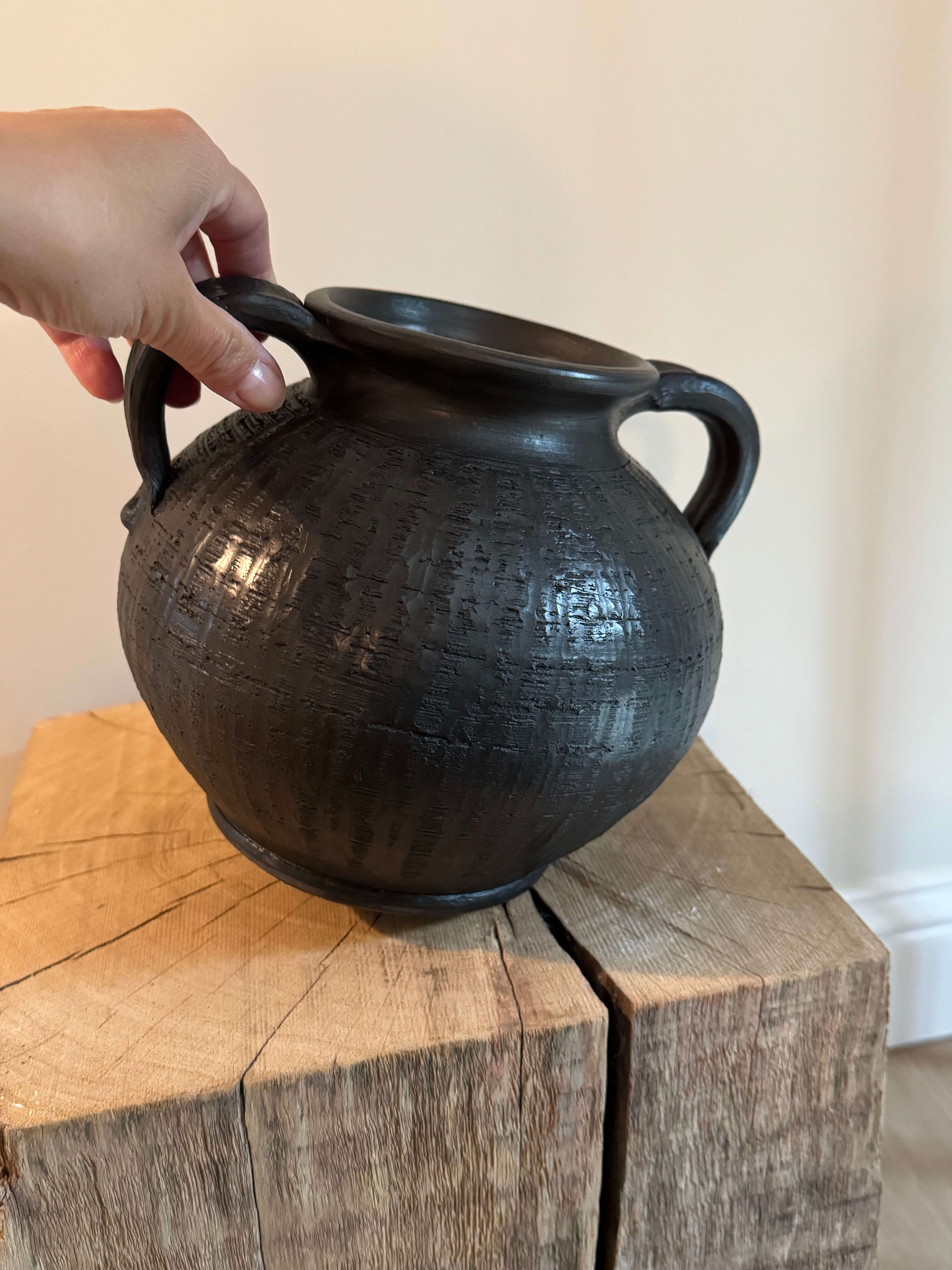 Black Textured Clay Vase with Handles